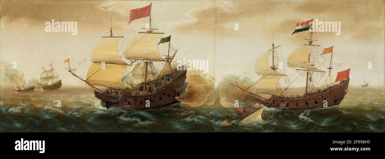 Un incontro navale tra navi da guerra olandesi e spagnole, c.. 1618/1620. Foto Stock