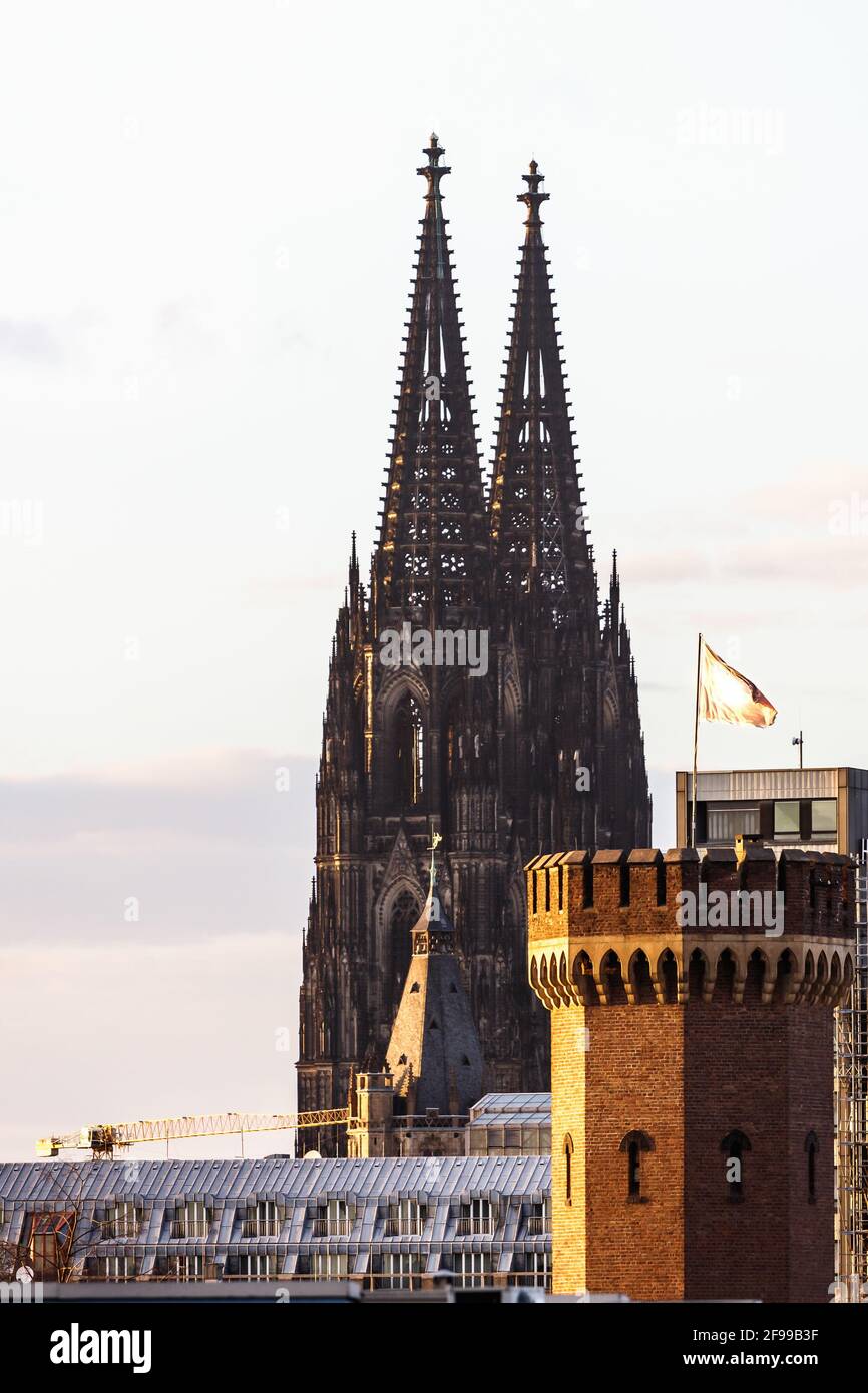 Cattedrale di Colonia e Malakoffturm con bandiera, primo piano al tramonto, Colonia, Germania, Europa Foto Stock