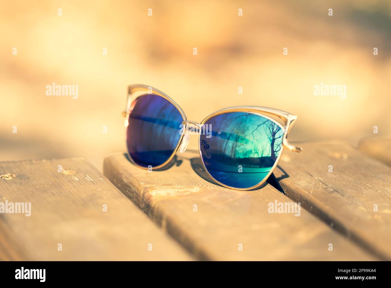 Modello di occhiali da sole di moda Cat Eye per le Signore con lenti blu e telaio dorato sparare all'esterno in un closeup di sole giornata. Messa a fuoco selettiva Foto Stock