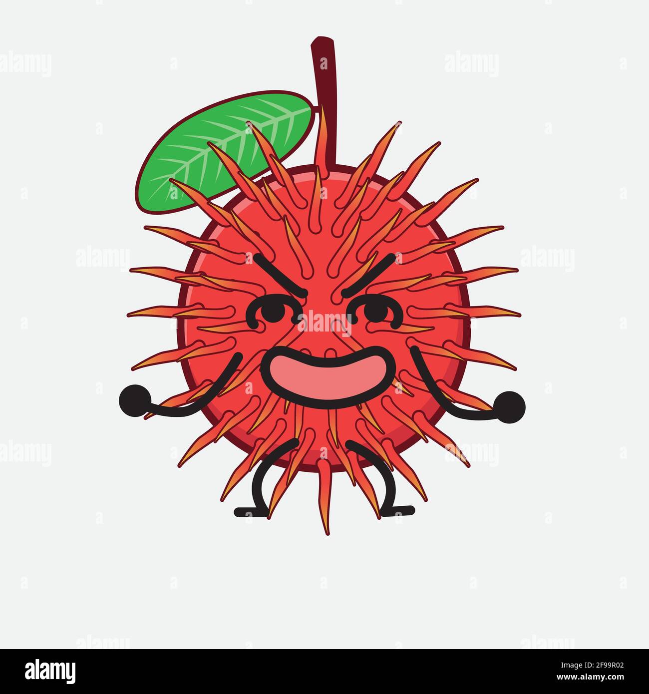 Illustrazione vettoriale del personaggio frutto di Rambutan con il viso carino, le mani semplici e la linea arti delle gambe su sfondo isolato. Stile doodle a fumetti piatti. Illustrazione Vettoriale