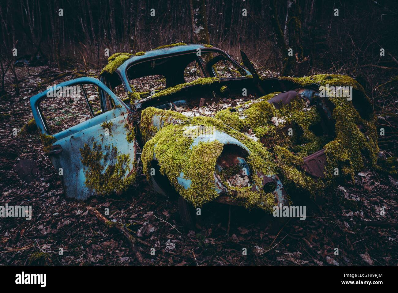 Auto vecchia, cimitero auto, rottami di metallo, foresta, Baden-Wuerttemberg, Germania, Europa Foto Stock
