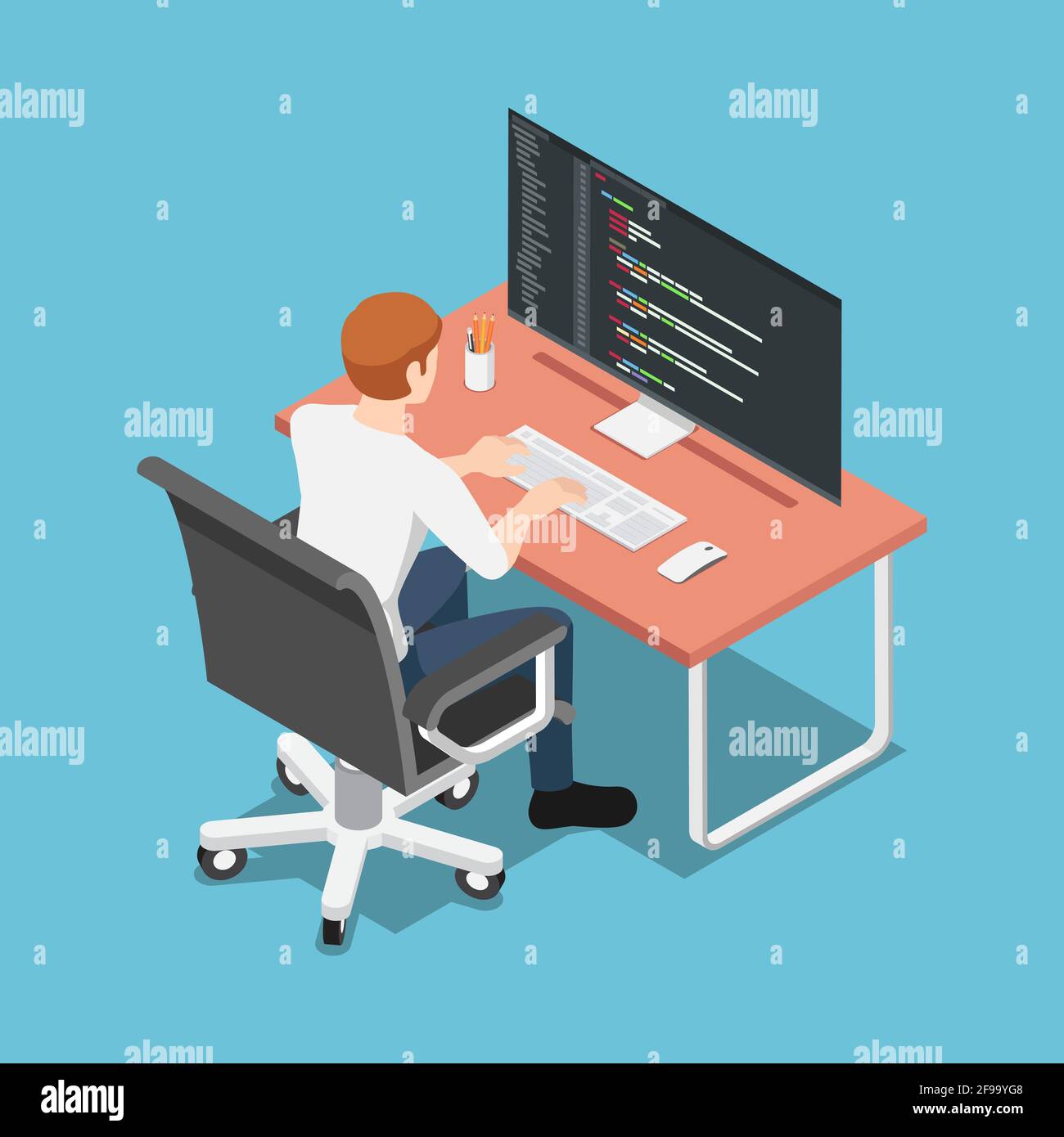 Software Isometrico 3D piatto per sviluppatori o programmatori su PC. Concetto di programmazione e Web Design. Illustrazione Vettoriale
