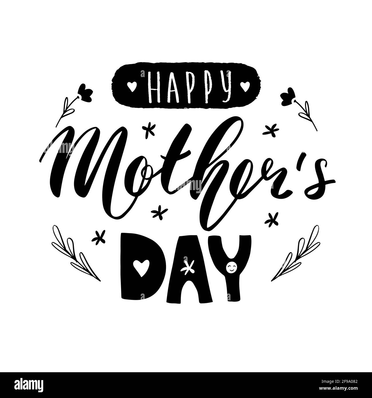 Carta calligrafia felice giorno della madre. Illustrazione del messaggio di saluto vettoriale. Testo nero su sfondo bianco. EPS 10 Illustrazione Vettoriale
