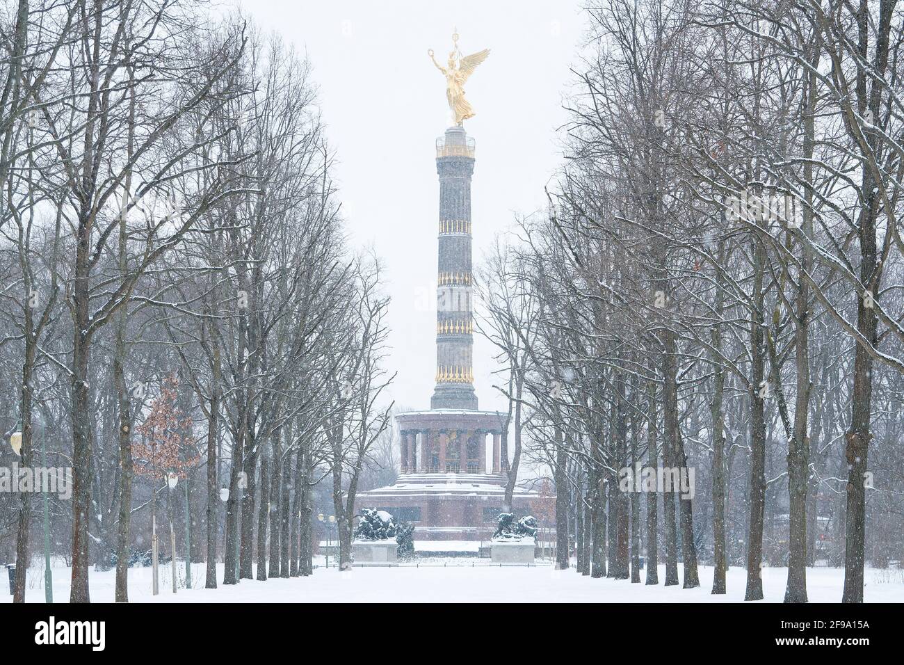 Berlino-Tiergarten, Fasanerieallee, linea di vista della colonna della Vittoria, neve-coperto paesaggio invernale Foto Stock