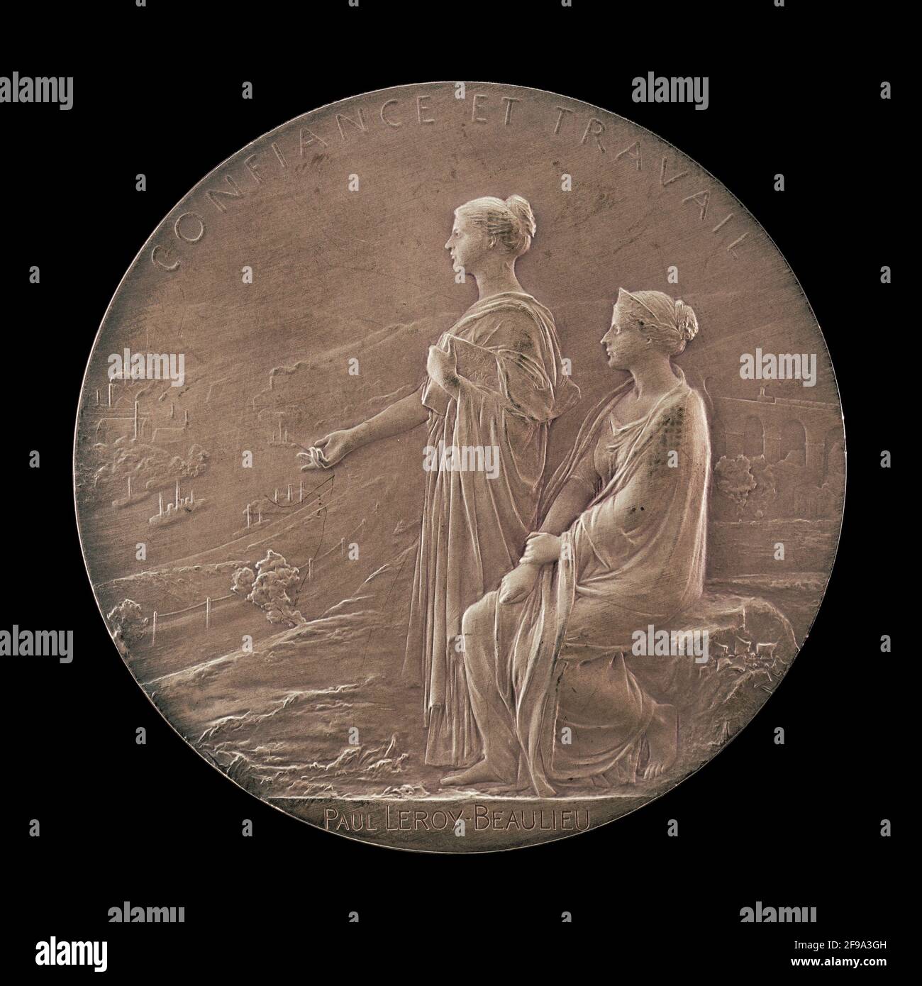 Personificazioni della fiducia e dell'industria in un panorama [reverse], 1900. Foto Stock