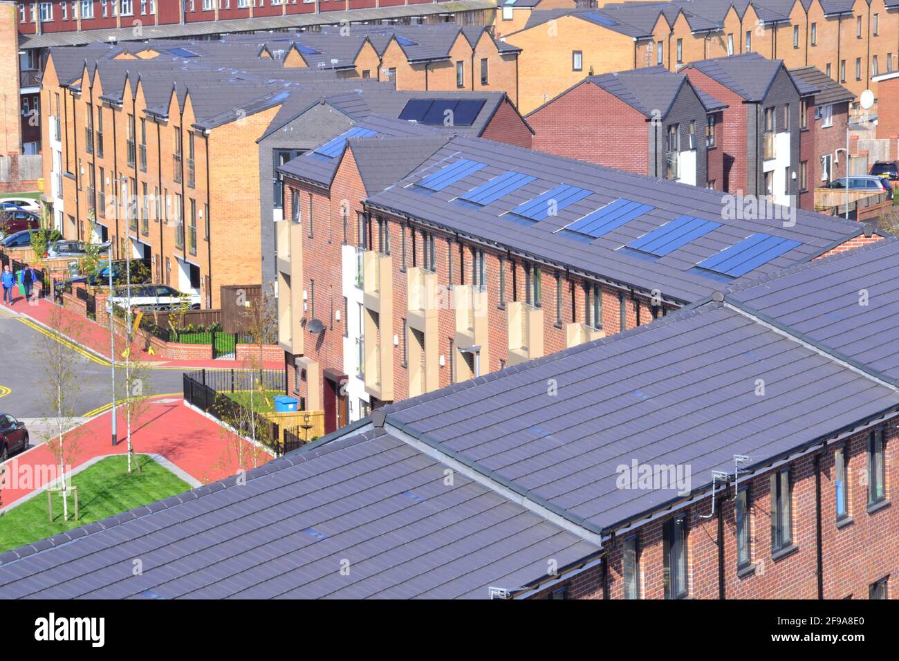 Vista panoramica di nuove case ad Ardwick, Manchester, Greater Manchester, Inghilterra, Regno Unito Foto Stock