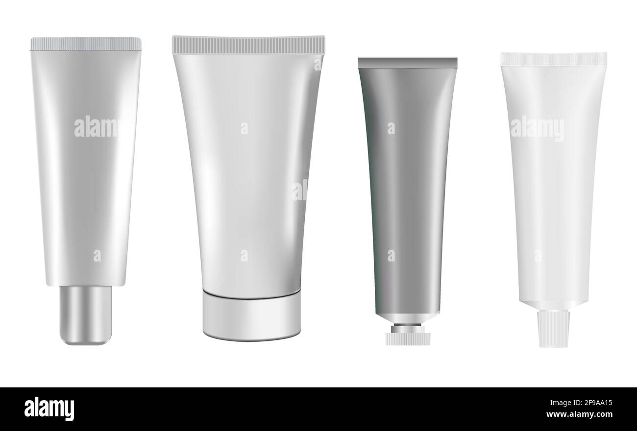 Mockup tubo cosmetico in argento. Confezione di crema. Mascherina in plastica bianca per tubo dentifricio. Crema solare flessibile e realistico tubo, vettore illustrati Illustrazione Vettoriale