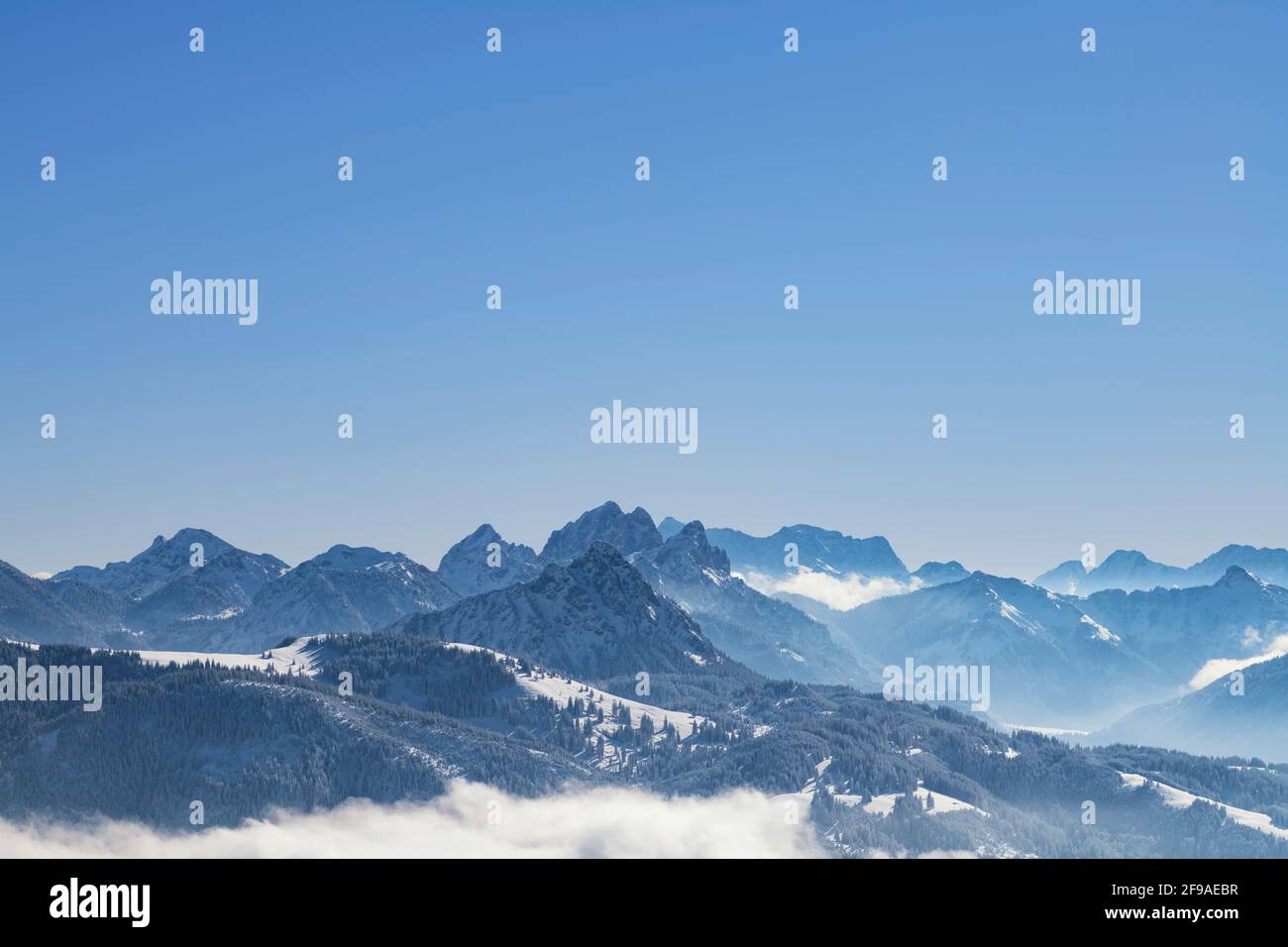 Vista sulle montagne innevate di Tannheimer in una soleggiata giornata invernale. Sullo sfondo la catena Zugspitze e Mieminger. Allgäu Alpi, Tirolo, Austria, Europa Foto Stock
