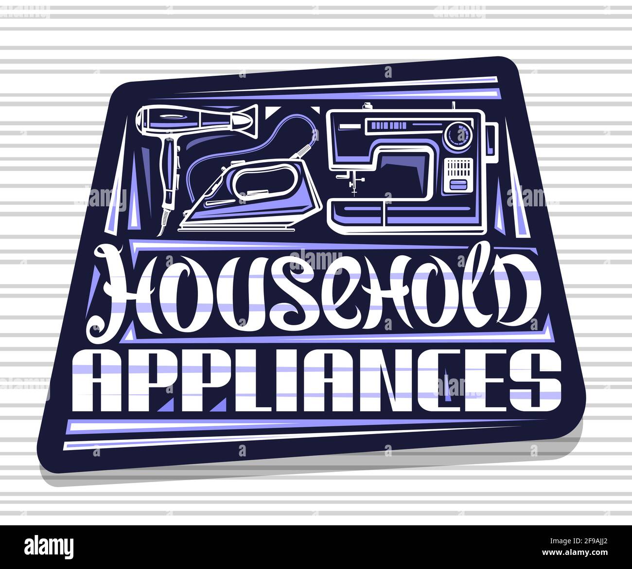 Logo vettoriale per elettrodomestici, cartellone decorativo scuro con illustrazione di un moderno apparecchio per case di varietà, poster creativo con esclusivo brus Illustrazione Vettoriale