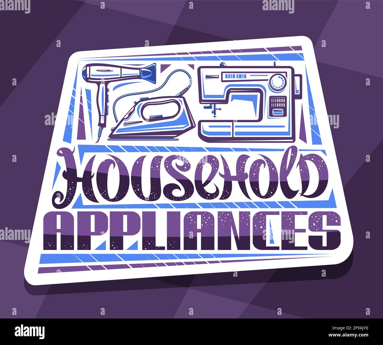 Logo vettoriale per elettrodomestici, cartellone decorativo bianco con illustrazione di nuovi elettrodomestici, poster creativo con pennello unico Illustrazione Vettoriale