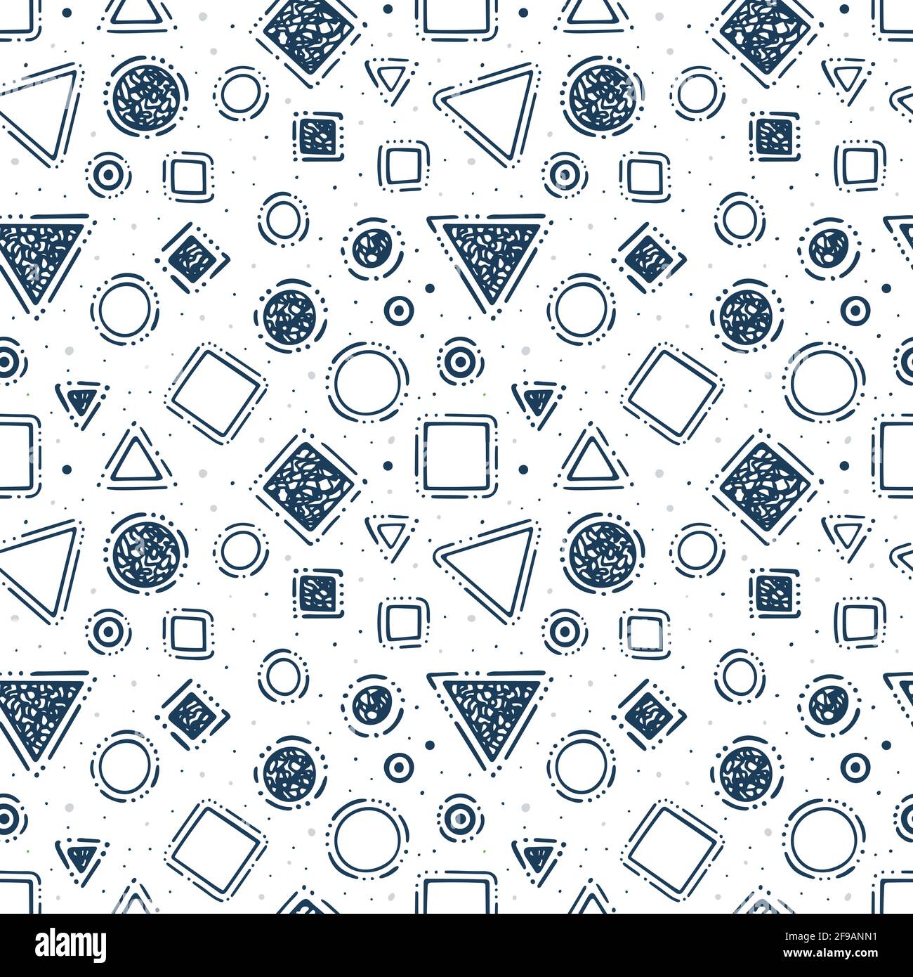 Pattern senza giunture astratto con forme geometriche: Quadrati, triangoli e punti. Texture geometrica infinita disegnata a mano. Parte del set. Parte del set. Illustrazione Vettoriale
