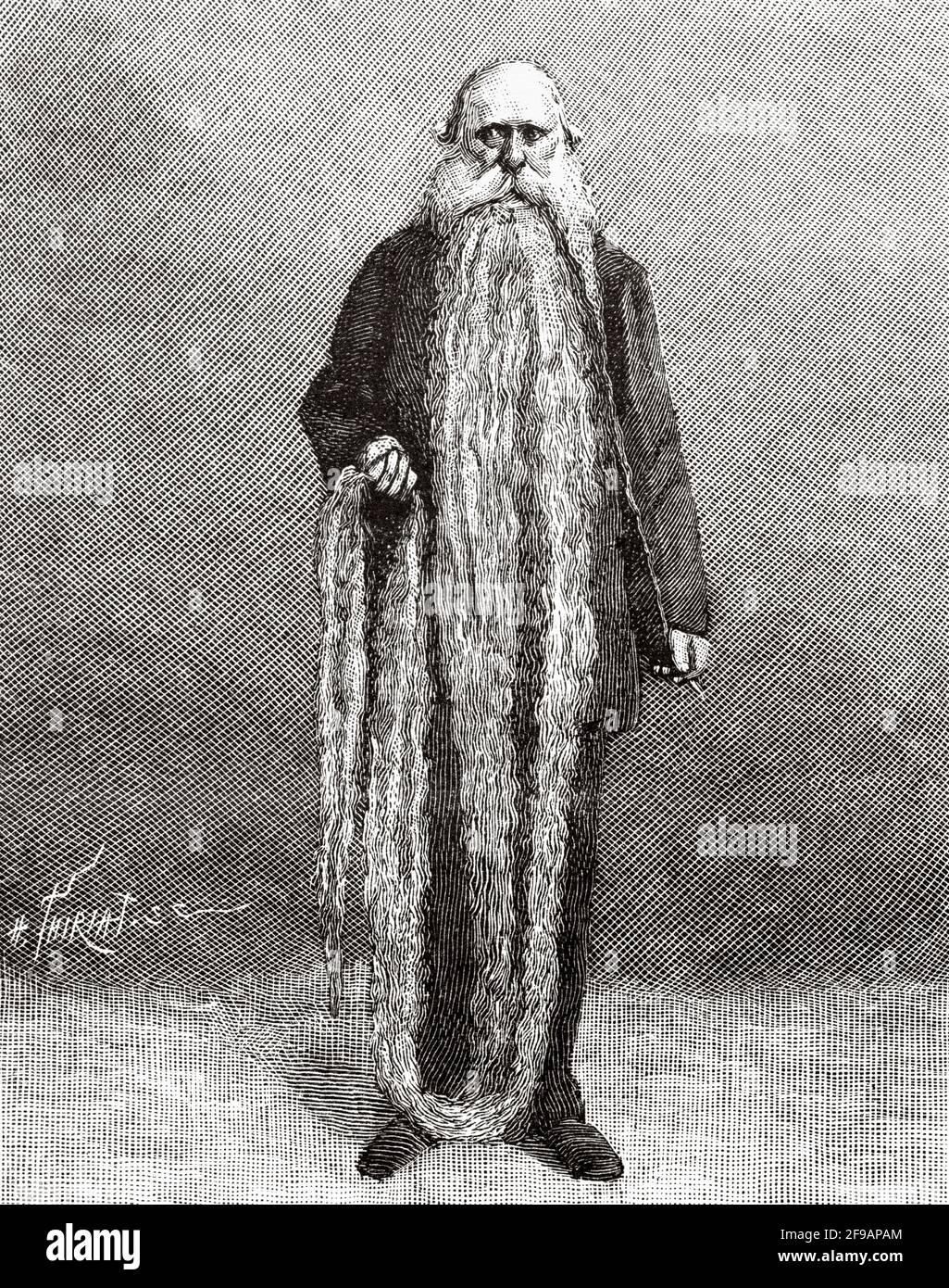 Louis Coulon e la sua barba di 3.3 metri. Antica illustrazione del XIX secolo incisa da la Nature 1889 Foto Stock