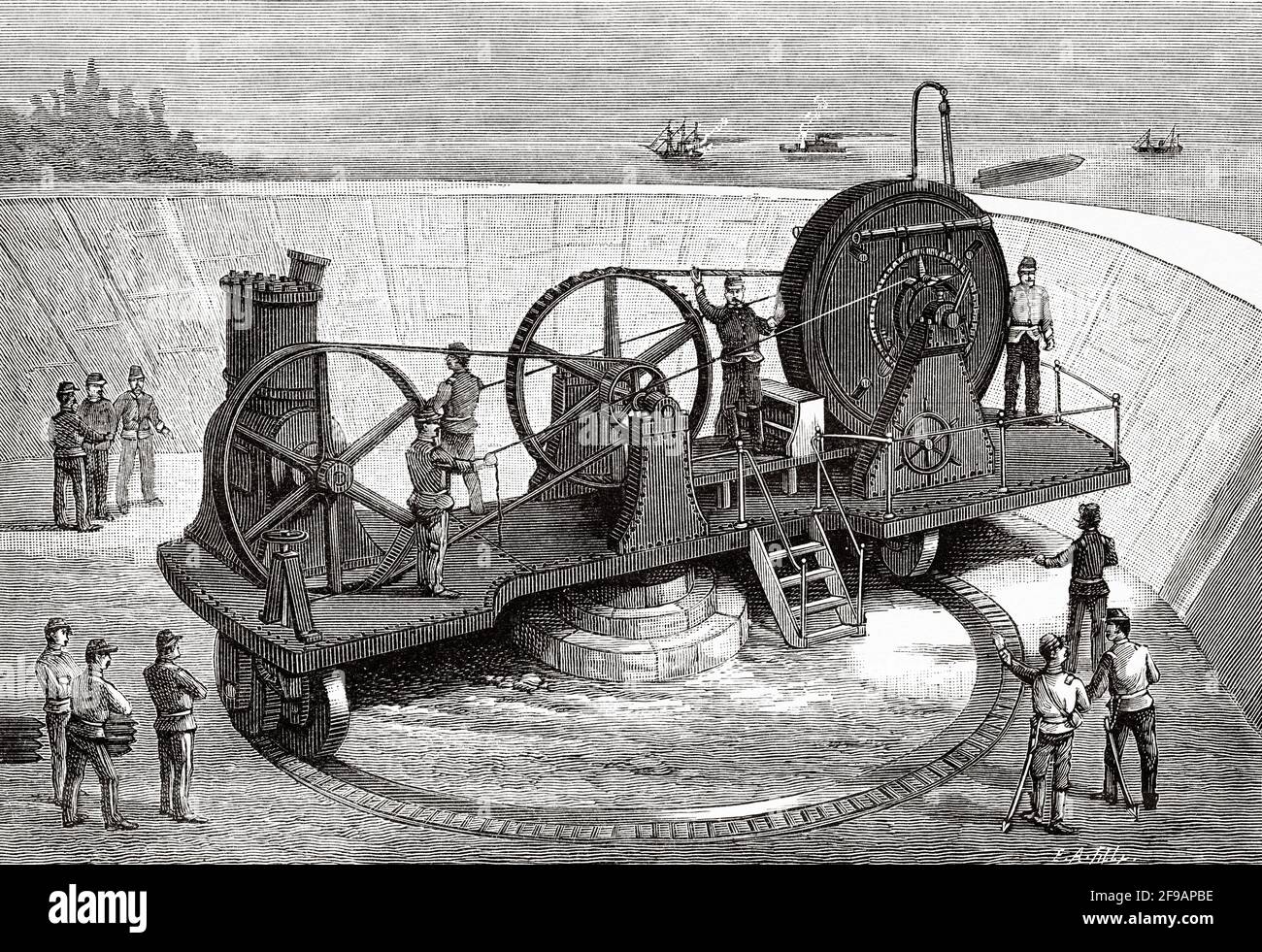 Proiettili esplosivi. Macchina per lanciare proiettili esplosivi alla fine del 19 ° secolo. Antica illustrazione del XIX secolo incisa da la Nature 1889 Foto Stock