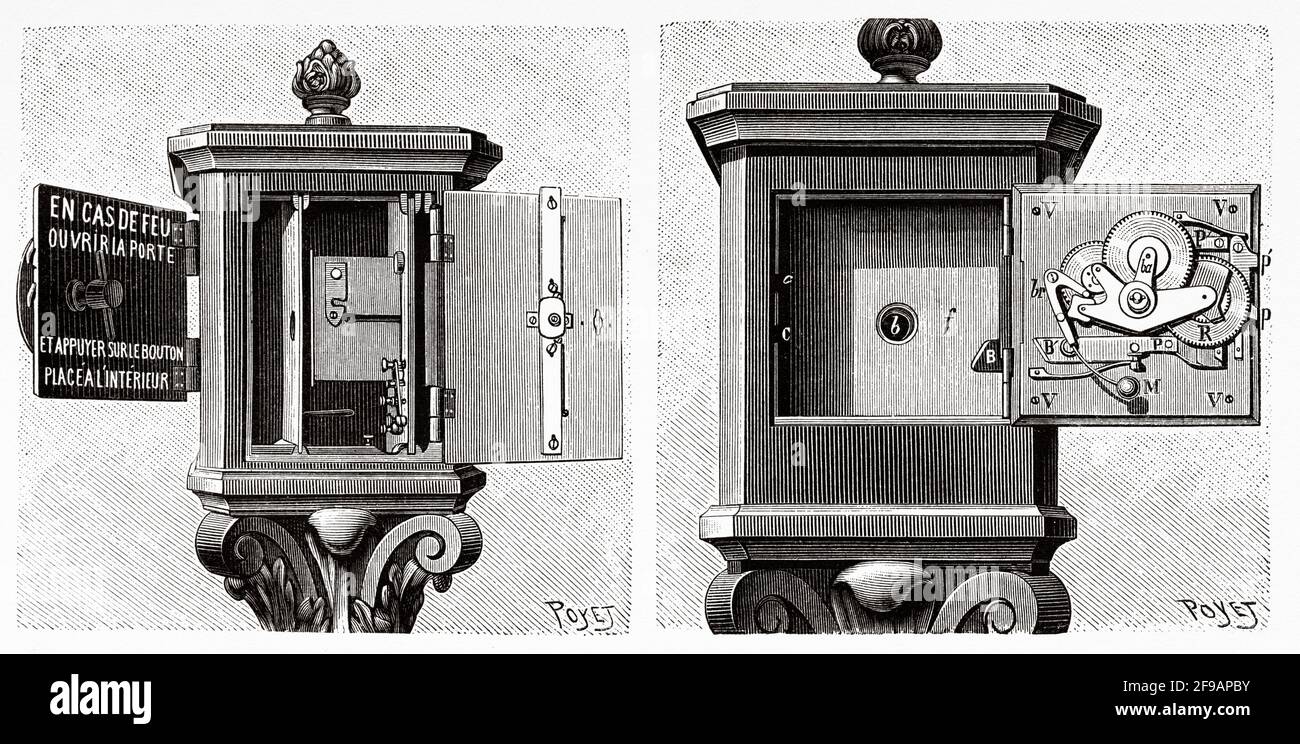 Allarme antincendio a Parigi nel 1889, Francia. Europa. Antica illustrazione del XIX secolo incisa da la Nature 1889 Foto Stock