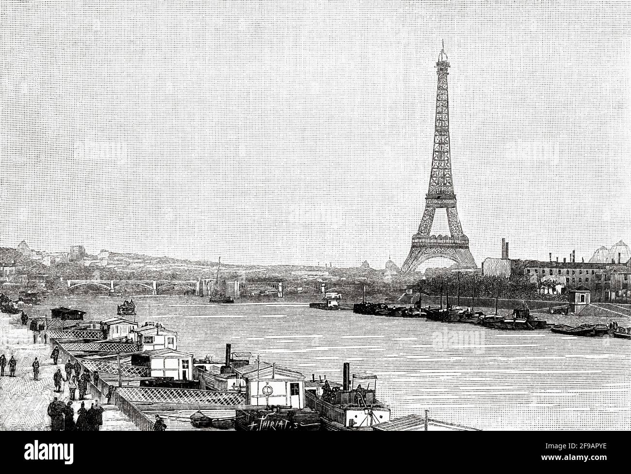 Aspetto della Torre Eiffel visto da Point-du-Jur a Parigi, 1889. Francia. Europa. Antica illustrazione del XIX secolo incisa da la Nature 1889 Foto Stock