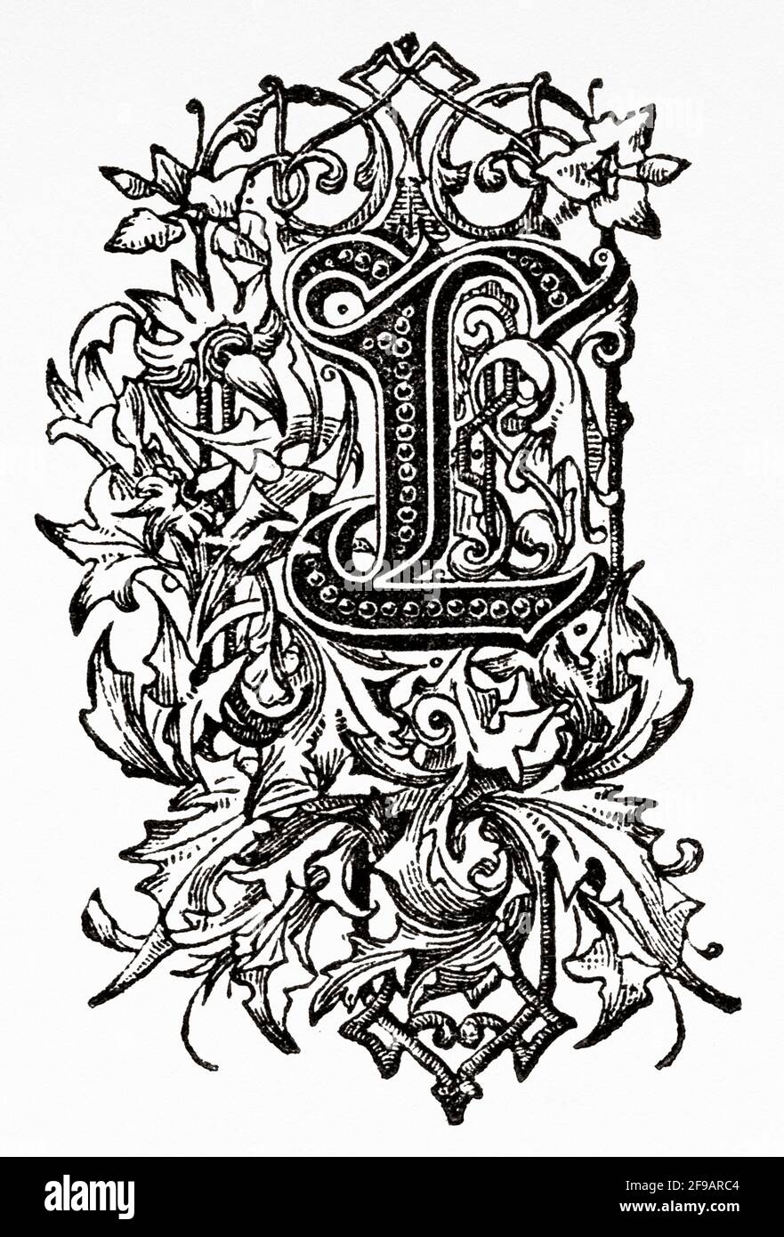 Lettera maiuscola decorativa L. Antico XIX secolo illustrazione incisa da Souvenirs de la Reformation en Italie 1883 di John Stoughton (1807-1897) Foto Stock