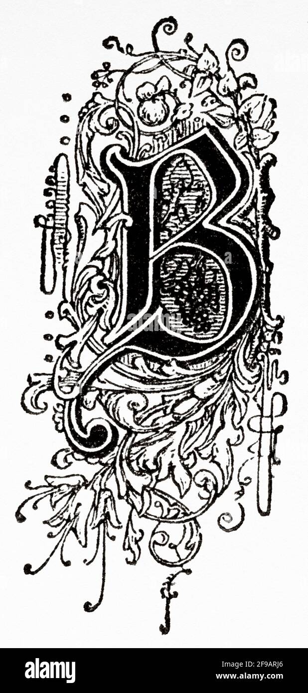 Lettera maiuscola decorativa B. Antica illustrazione incisa del XIX secolo da Souvenirs de la Reformation en Italie 1883 di John Stoughton (1807-1897) Foto Stock