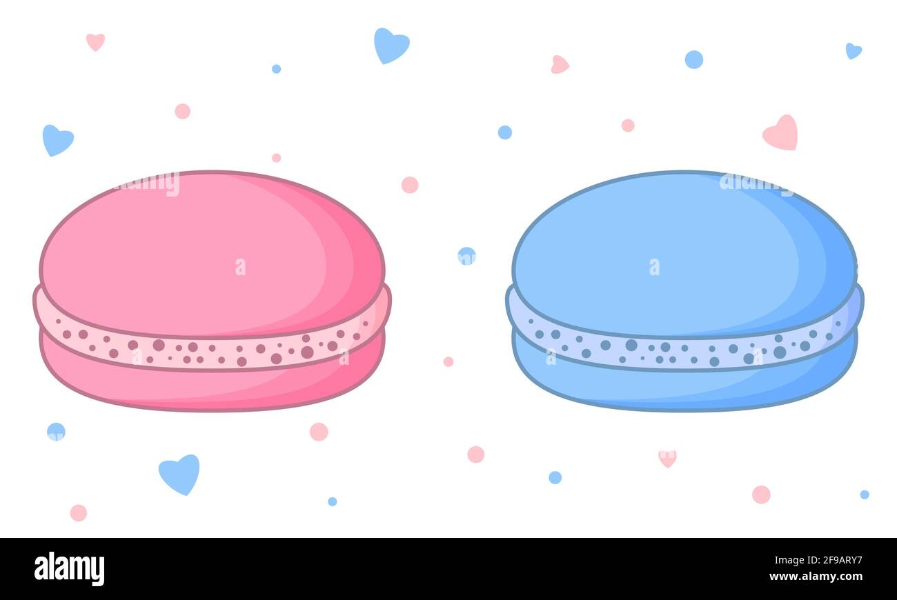 Due graziosi macaron. Biscotti tradizionali francesi alle mandorle nei colori blu e rosa. Illustrazione vettoriale Illustrazione Vettoriale