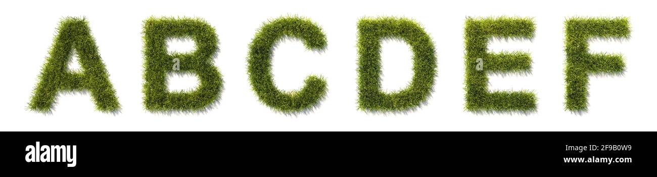 Caratteri verdi in erba A B C D e F isolati su bianco con ombre. Vedere le altre immagini per le altre lettere. Foto Stock