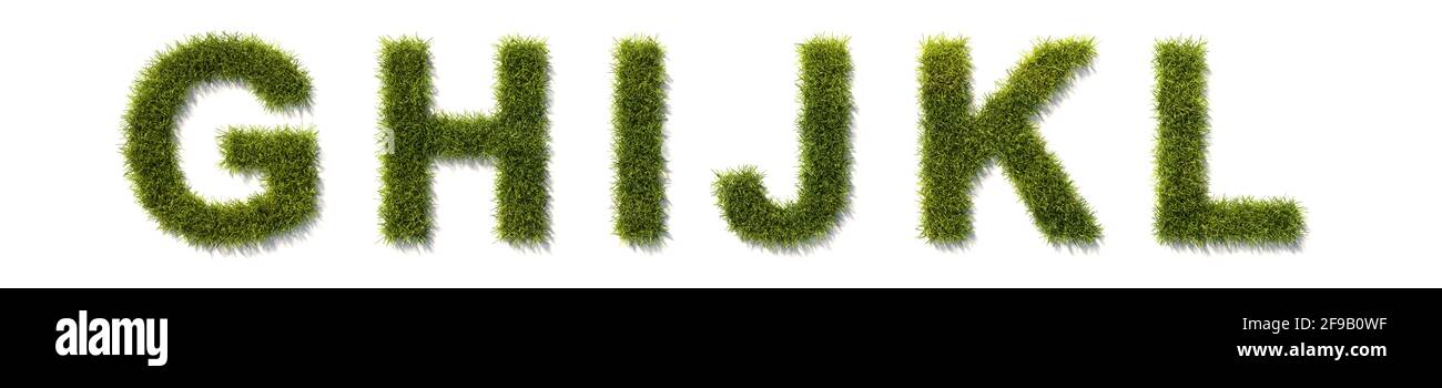 Caratteri verdi in erba G H i J K L isolati su bianco con ombre. Vedere le altre immagini per le altre lettere. Foto Stock
