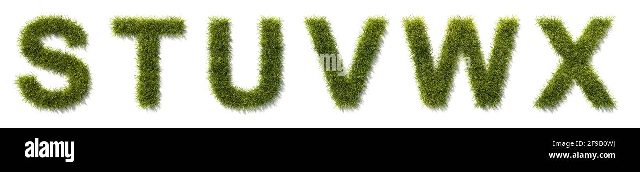 Caratteri verdi in erba S T U V W X isolati su bianco con ombre. Vedere le altre immagini per le altre lettere. Foto Stock