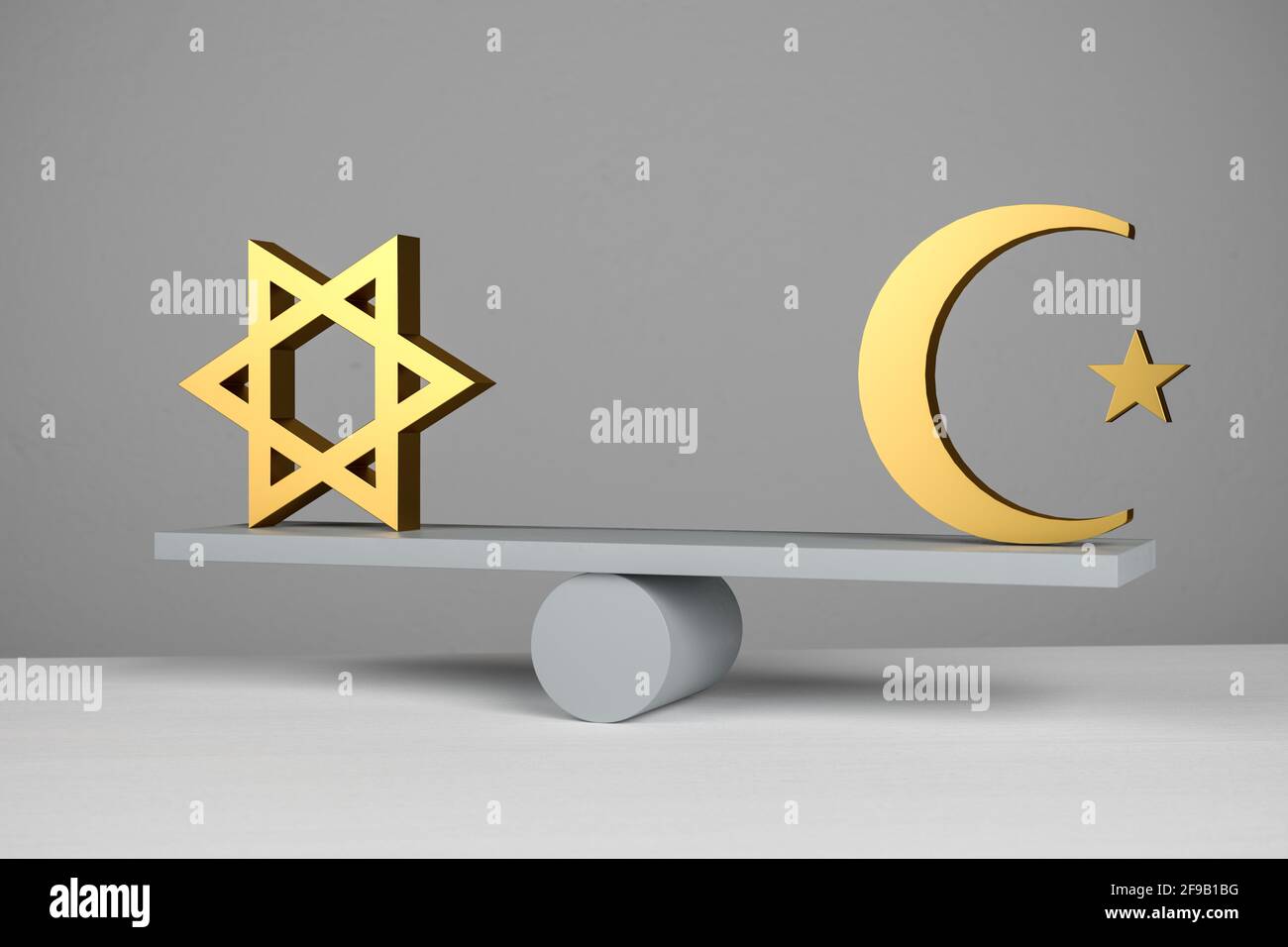 Concetto di parità di diritti: Uguaglianza di rligioni. Una stella ebraica di david e un simbolo di stella islamica e di mezzaluna su una sega / scala Foto Stock