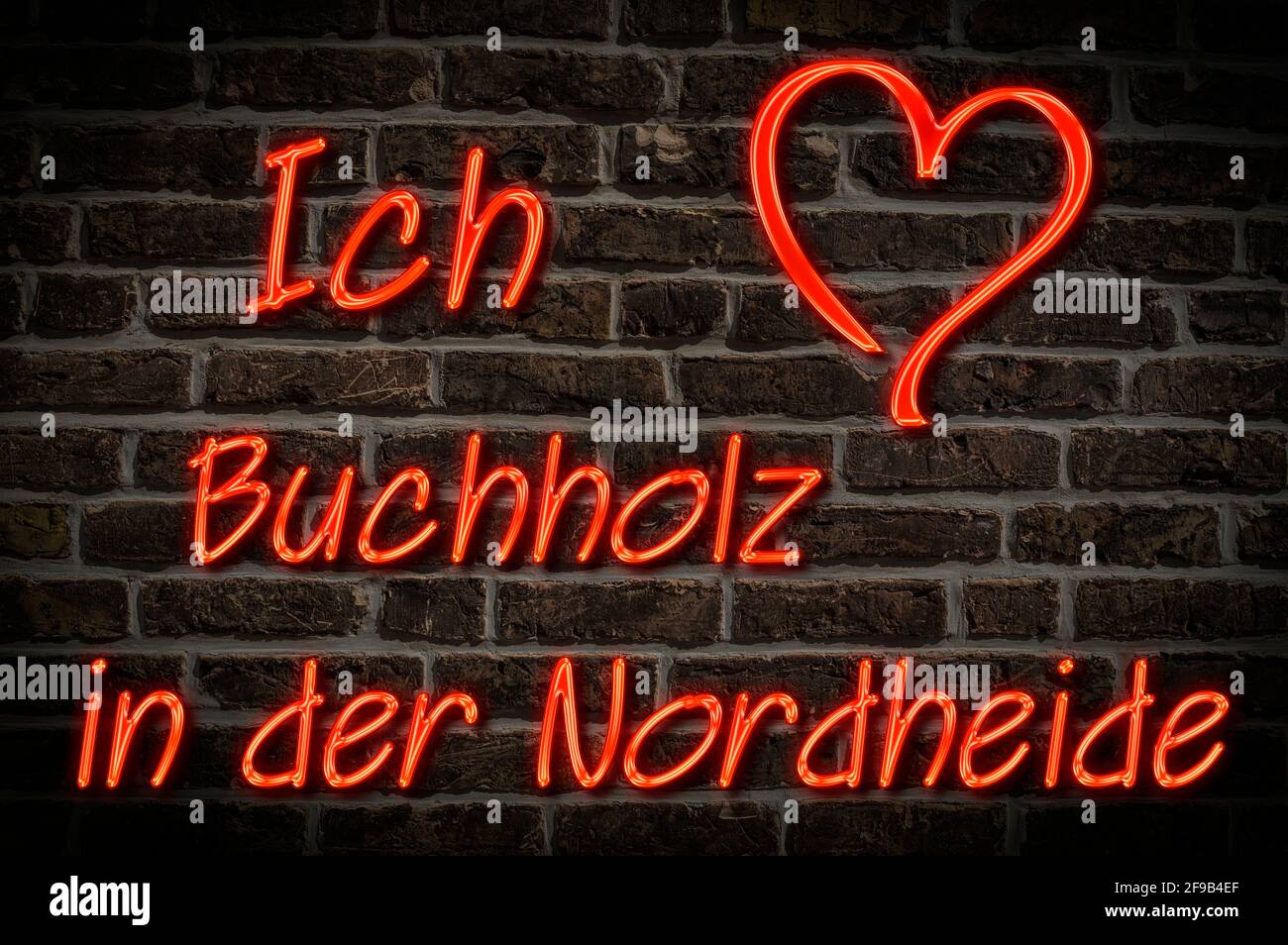 Leuchtreklame, Ich liebe Buchholz in der Nordheide, Niedersachsen, Deutschland, Europa | Pubblicità illuminata, amo Buchholz in der Nordheide, lo Foto Stock