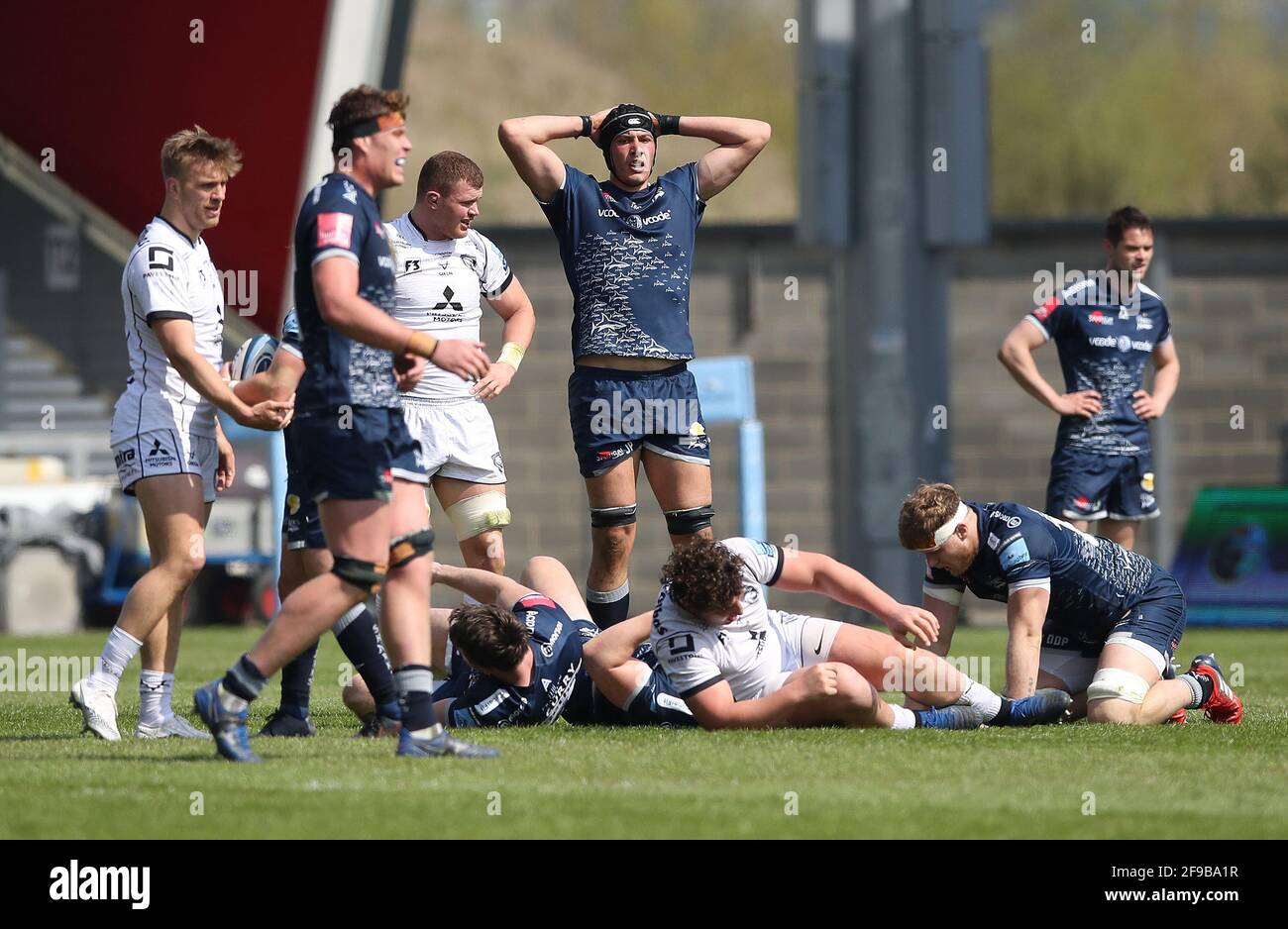 Il JP du Preez di sale Sharks (centro) reagisce durante la partita della Gallagher Premiership all'AJ Bell Stadium di Salford. Data immagine: Sabato 17 aprile 2021. Foto Stock