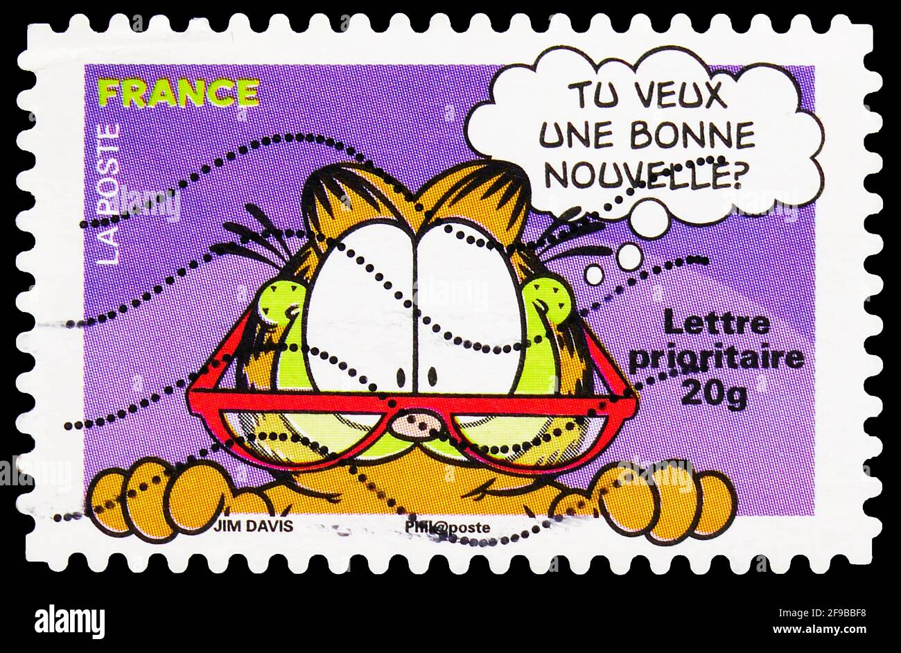 MOSCA, RUSSIA - 24 SETTEMBRE 2019: Francobollo stampato in Francia mostra Garfield, Prioritaire 20 Gr. - Gram, serie, circa 2008 Foto Stock