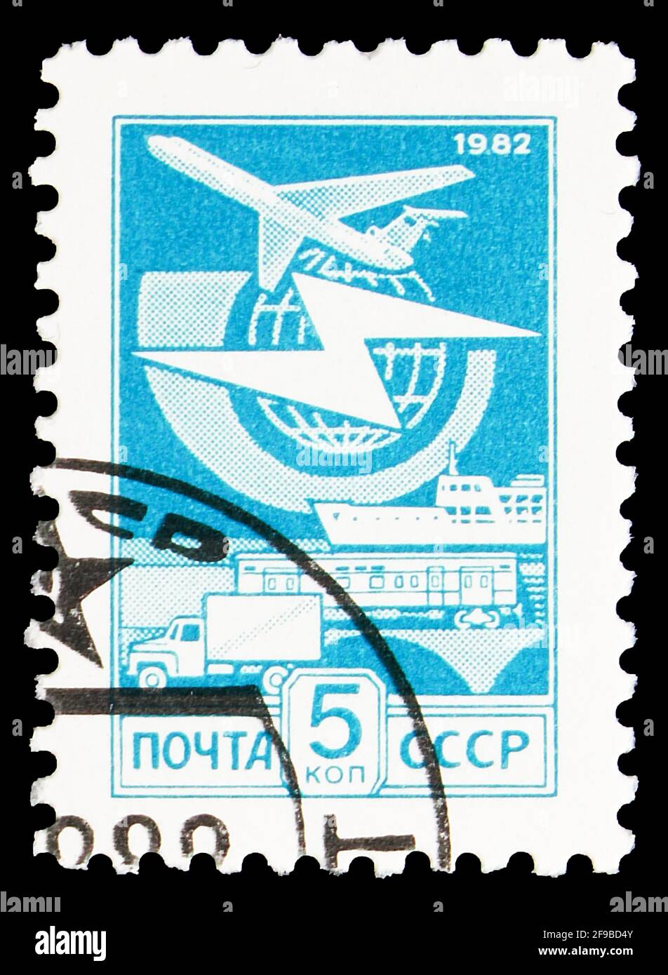 MOSCA, RUSSIA - 24 SETTEMBRE 2019: Francobollo stampato in Unione Sovietica mostra AirMail Transport, 5 kopek russo, numero definitivo N.12 serie, cir Foto Stock