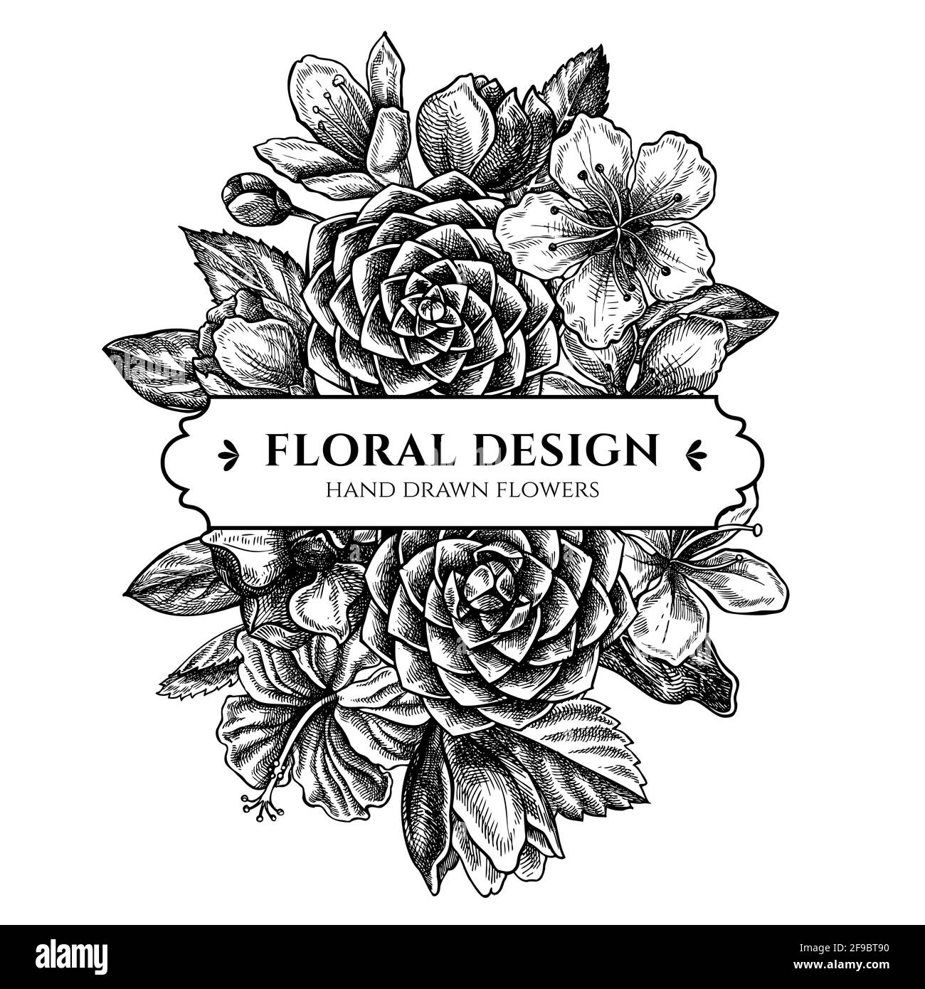 Bouquet floreale con hibiscus bianco e nero, fiori di prugne, fiori di pesca, fiori di sakura, fiori di magnolia, camellia japonica Illustrazione Vettoriale