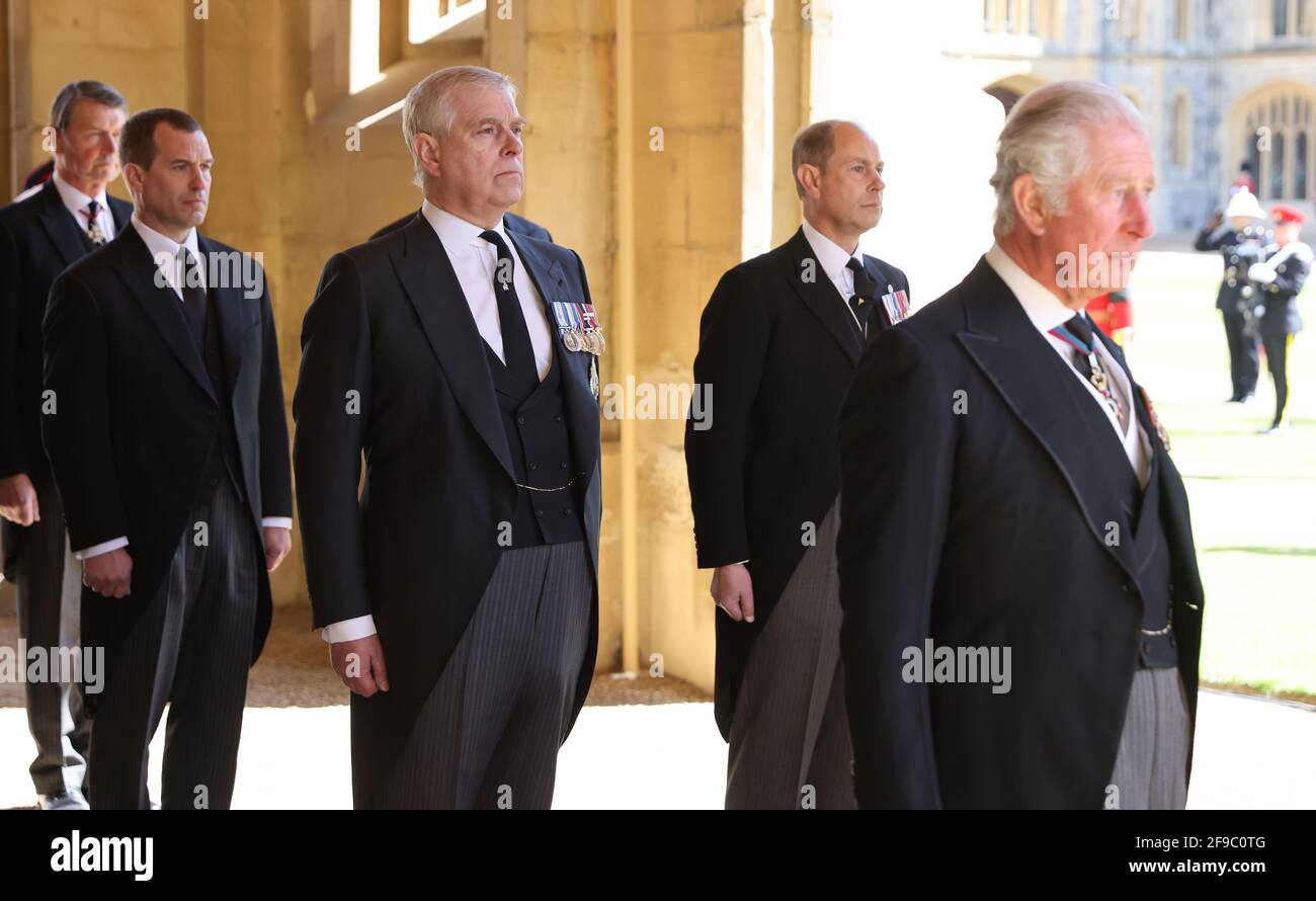 Il Duca di York, il Conte di Wessex, il Principe di Galles e la Principessa reale prima dei funerali del Duca di Edimburgo al Castello di Windsor, Berkshire. Data immagine: Sabato 17 aprile 2021. Foto Stock
