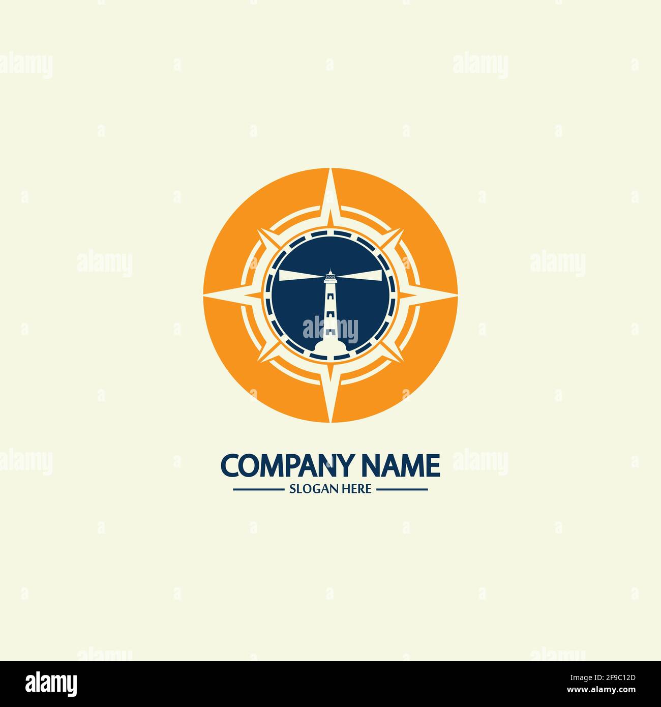 Modello di design con logo bussola e faro Illustrazione Vettoriale