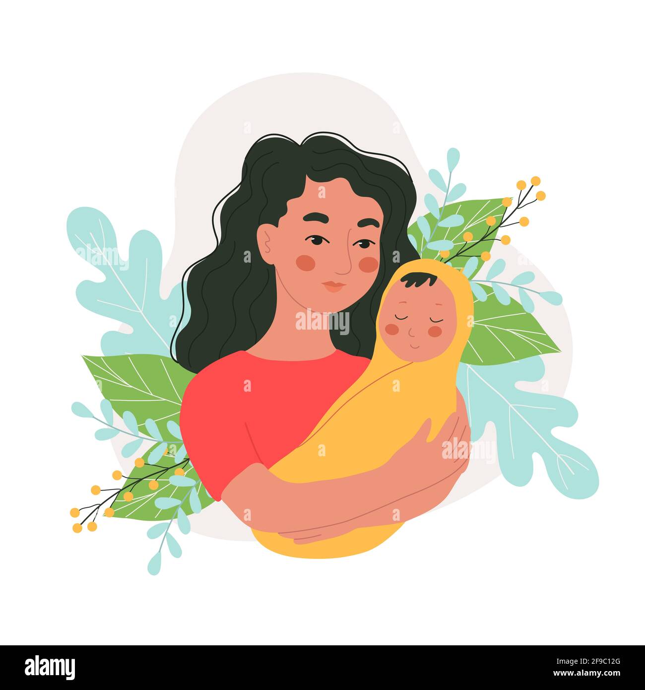 Donna che tiene un piccolo bambino tra le braccia, felice maternità, personaggi vettoriali in stile doodle, doodles colorati. Illustrazione Vettoriale