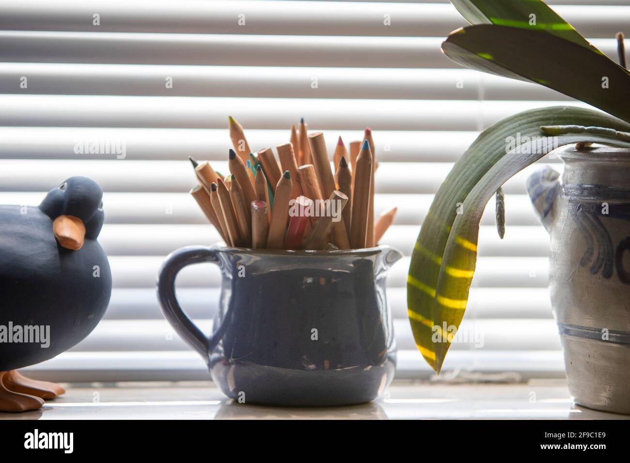 Ancora vita di un davanzale della finestra con un'anatra di creta, una  pentola piena di matite colorate e una pianta domestica Foto stock - Alamy
