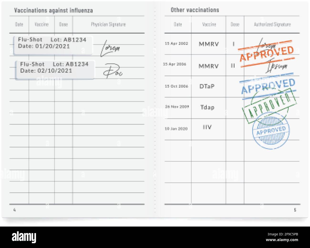 Scheda di registrazione della vaccinazione compilata in fonia con i timbri di approvazione Illustrazione Vettoriale