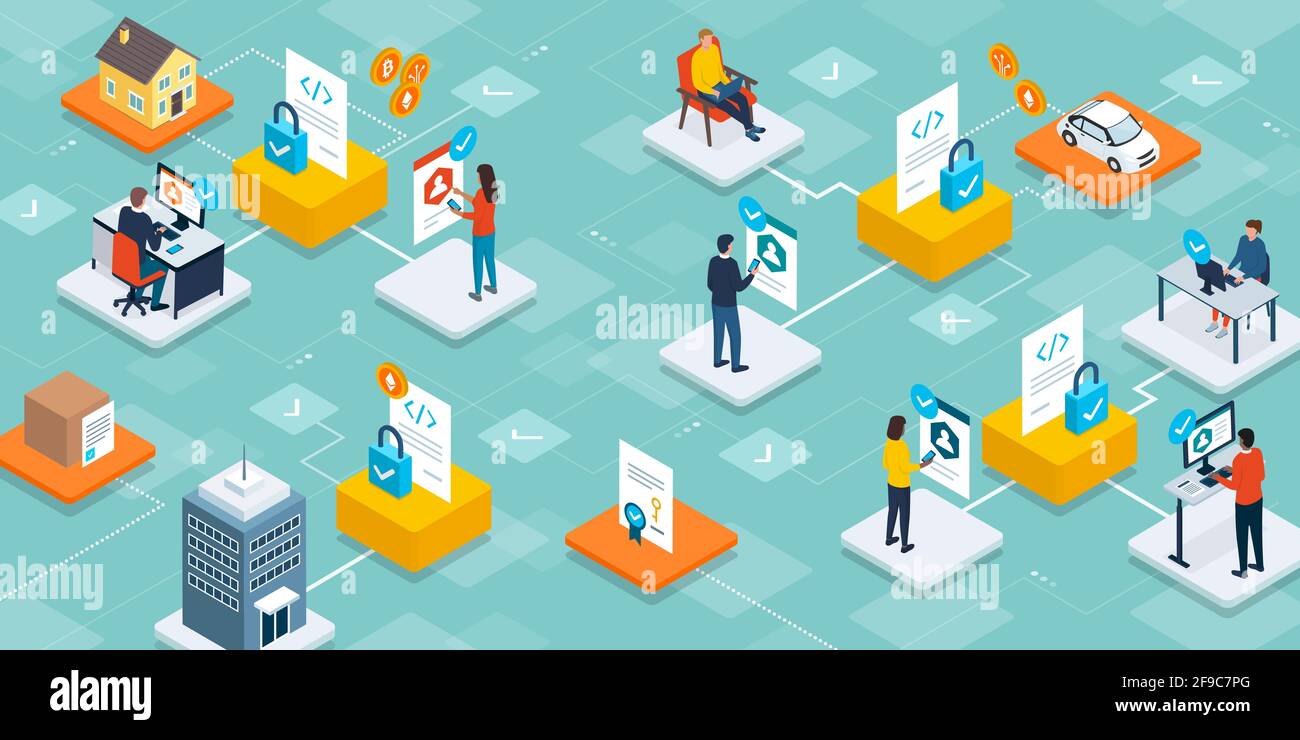 Gli utenti che acquistano e vendono risorse, beni e servizi utilizzando contratti intelligenti su blockchain, finanza e concetto tecnologico Illustrazione Vettoriale