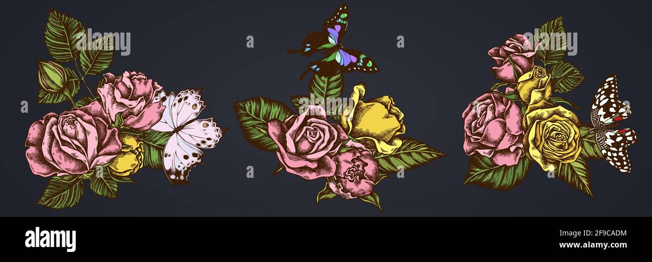 Bouquet di fiori di color limone farfalla, viola macchiato coda di rondine, foresta madre-di-perla, rose Illustrazione Vettoriale