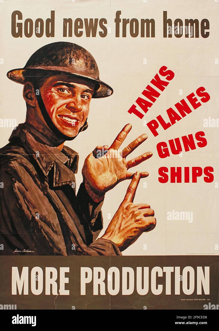 Un poster americano della seconda guerra mondiale sull'aumento della produzione in guerra Sforzo con lo slogan più produzione Foto Stock