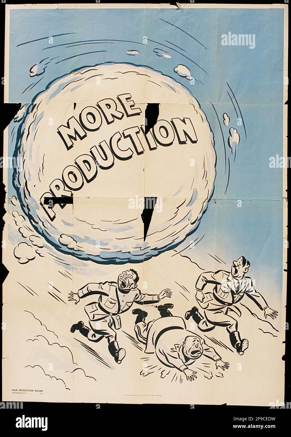 Un poster americano della seconda guerra mondiale sull'aumento della produzione in guerra Sforzo con lo slogan più produzione Foto Stock