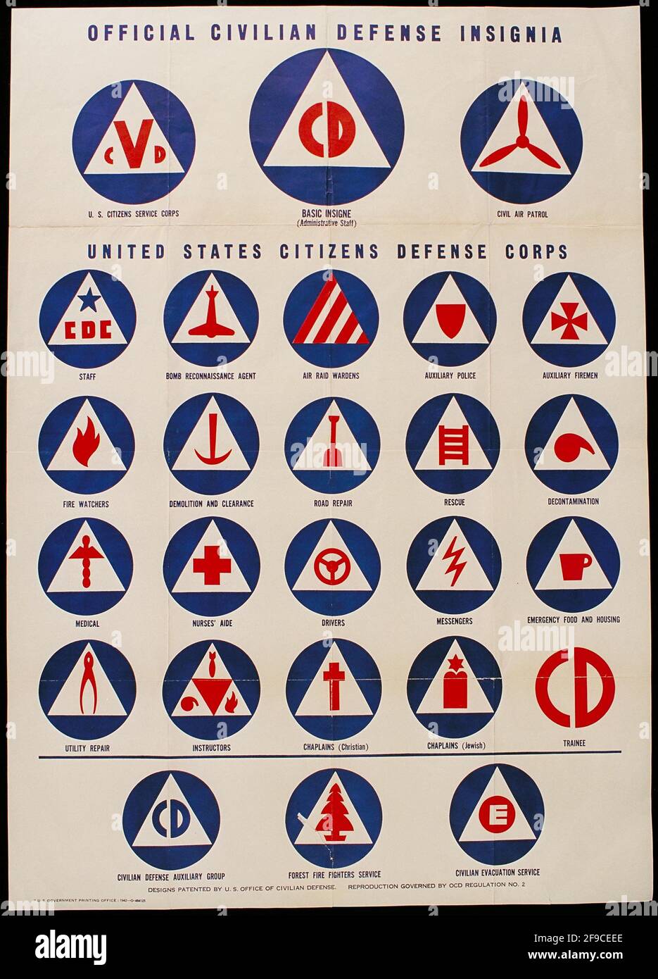 Un documento americano della seconda Guerra Mondiale che mostra l'Insignia ufficiale della Difesa civile Foto Stock