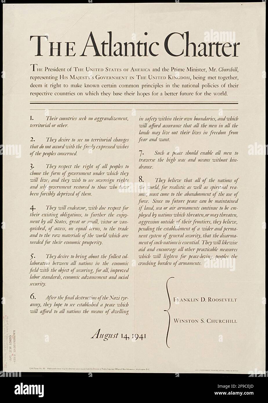 La famosa carta atlantica firmata nel 1941 da Roosevelt e. Churchill è  anche nota come Dichiarazione comune Foto stock - Alamy