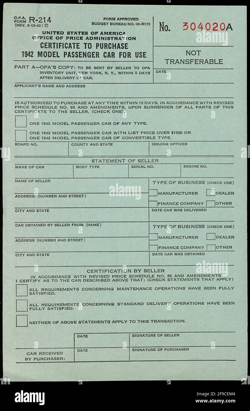 Un modulo di richiesta WW2 americano per acquistare un'auto per uso personale Foto Stock