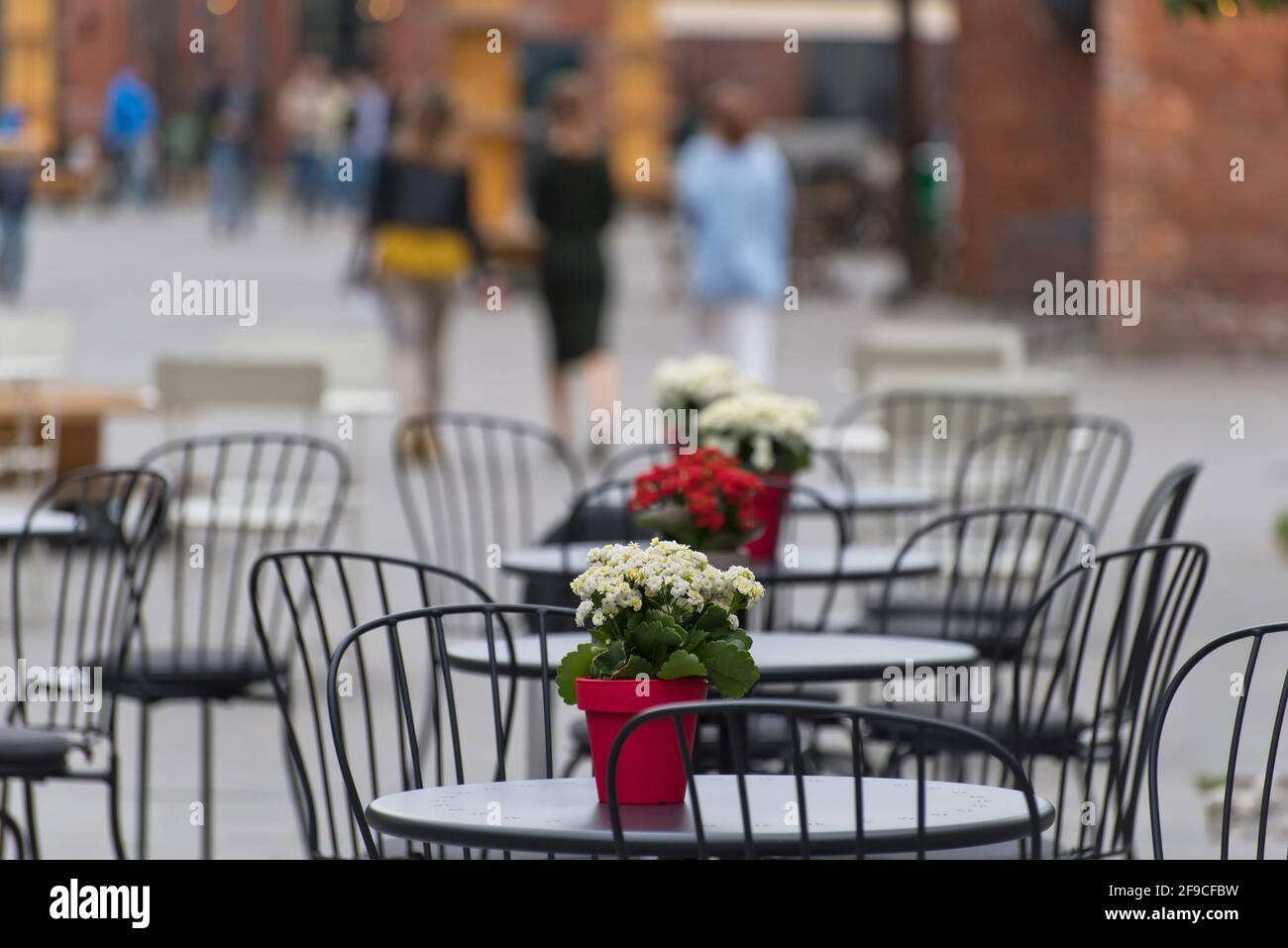 Fiori rossi e bianchi nelle pentole sui tavoli nella caffetteria di strada il giorno d'estate Foto Stock