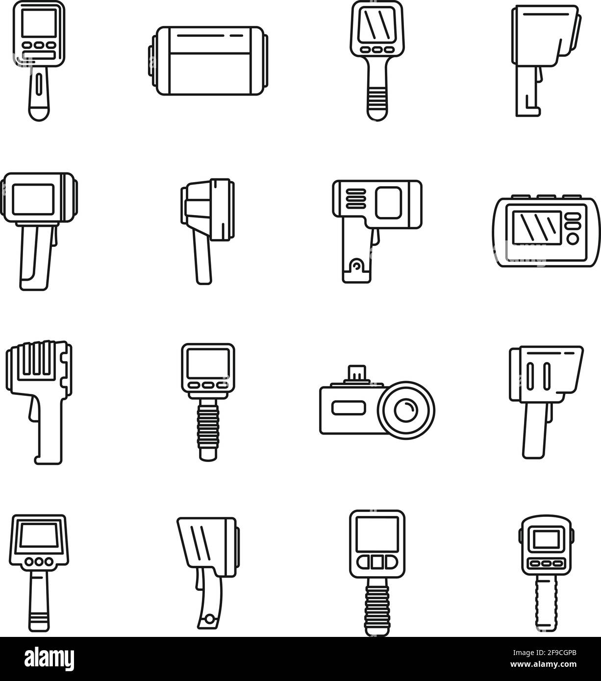 Set di icone del dispositivo di imager termico, stile contorno Illustrazione Vettoriale