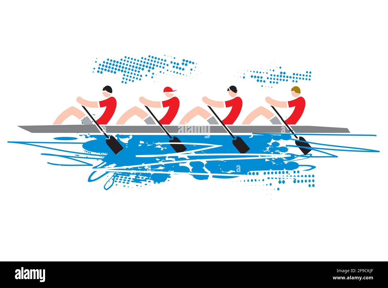 Squadra di quattro vogatori. Illustrazione espressiva colorata di quattro vogatori sportivi in barca. Isolato su sfondo bianco.vettore disponibile. Illustrazione Vettoriale
