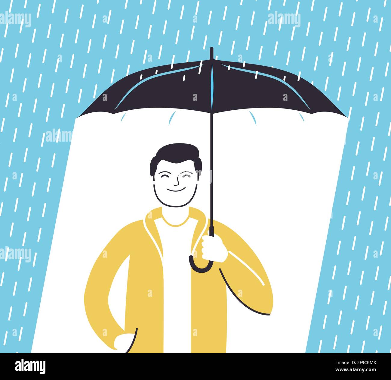Uomo con ombrello e pioggia in stile piatto. Illustrazione vettoriale del concetto aziendale Illustrazione Vettoriale