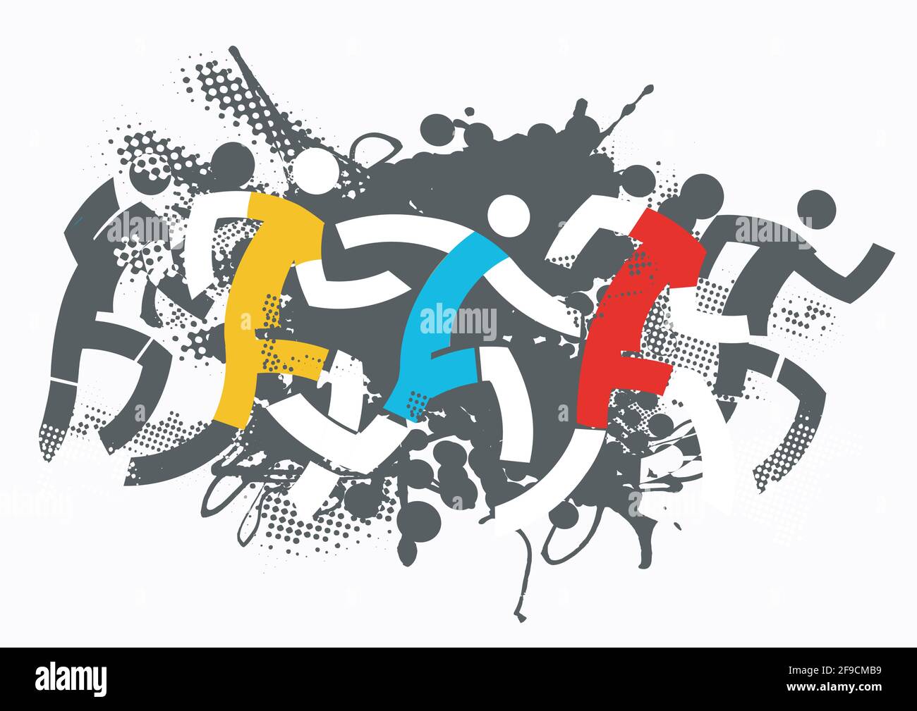Corsa, maratona, jogging. Illustrazione espressiva colorata dei runner su sfondo grunge. Isolato su sfondo bianco.vettore disponibile. Illustrazione Vettoriale