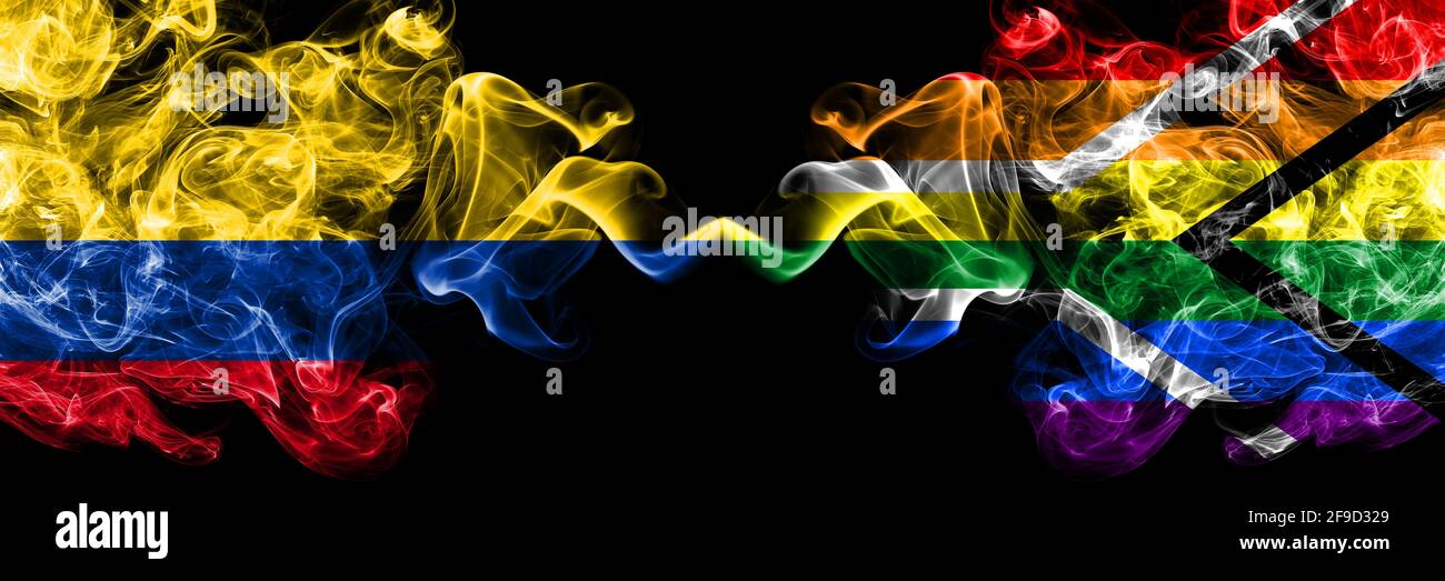 Colombia, Colombia vs Sud Africa, Africa, gay fumosi bandiere mistiche affiancate. Bandiere di fumo astratte spesse colorate in seta. Foto Stock