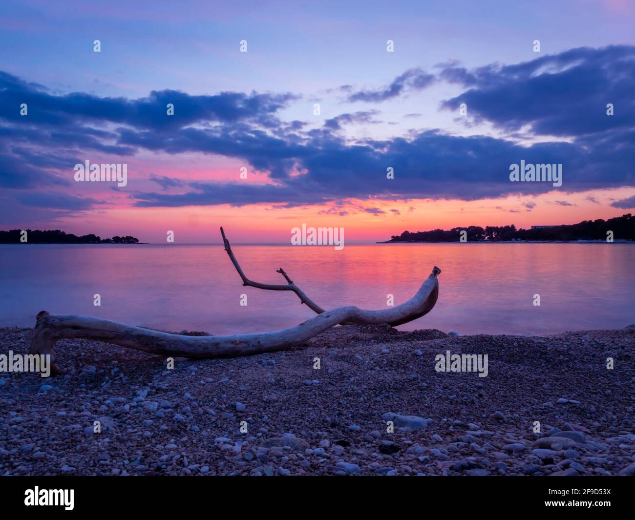 Crepuscolo meraviglioso splendido idilliaco bella spiaggia di mare sera tranquility legno alluvion tronco albero essiccato ramo Foto Stock